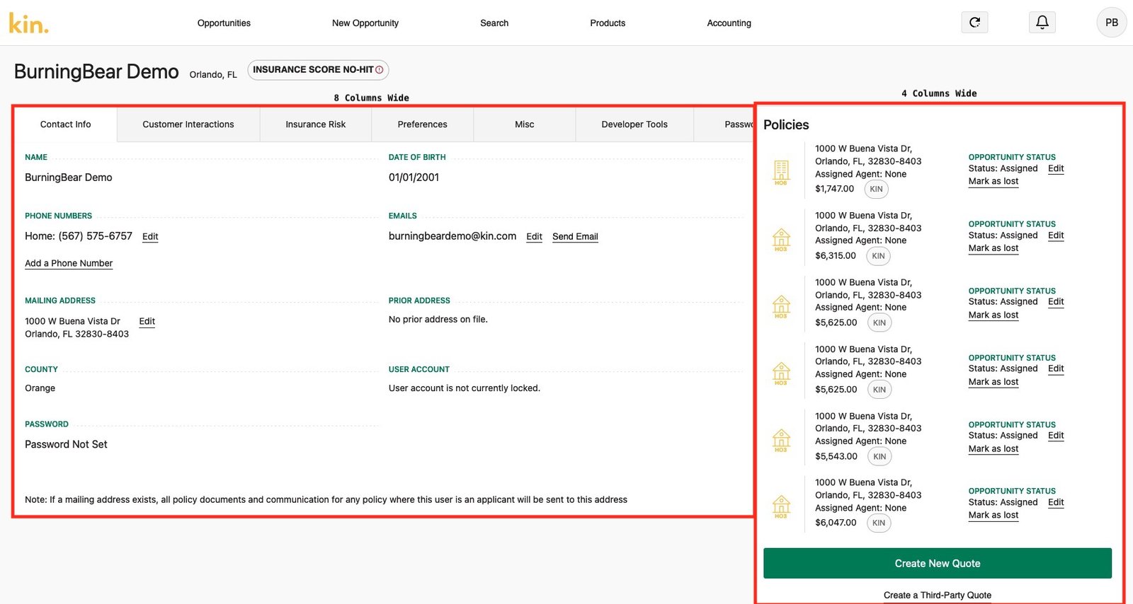 A customer page marked up with an 8-column and 4-column layout. Demo data