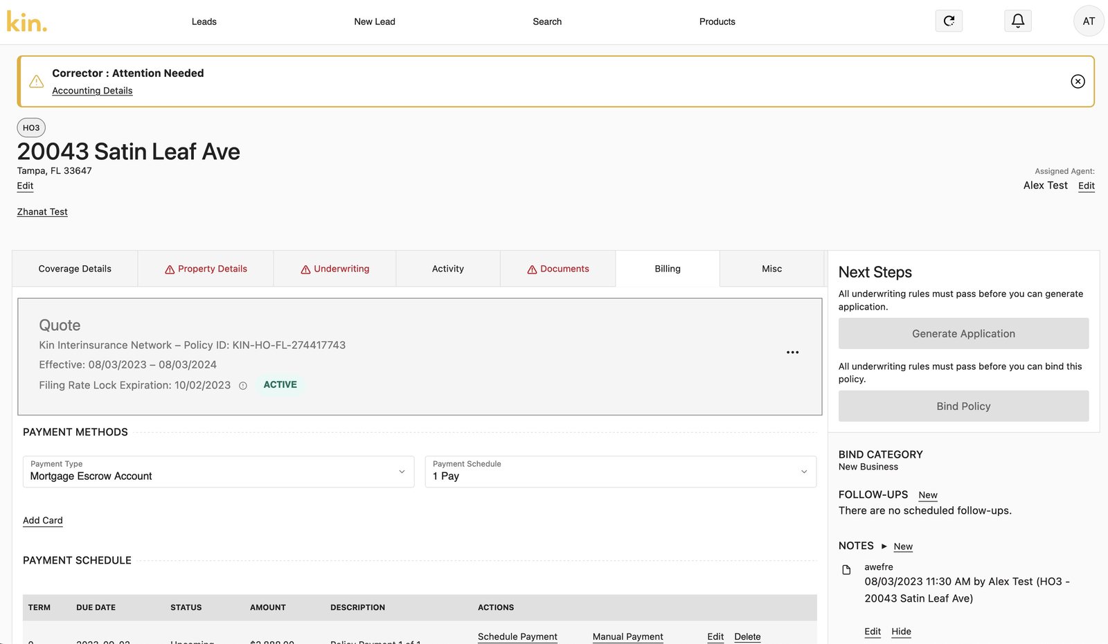 A Kintranet policy page with quote status, payment methods, next steps, and notes. Test data