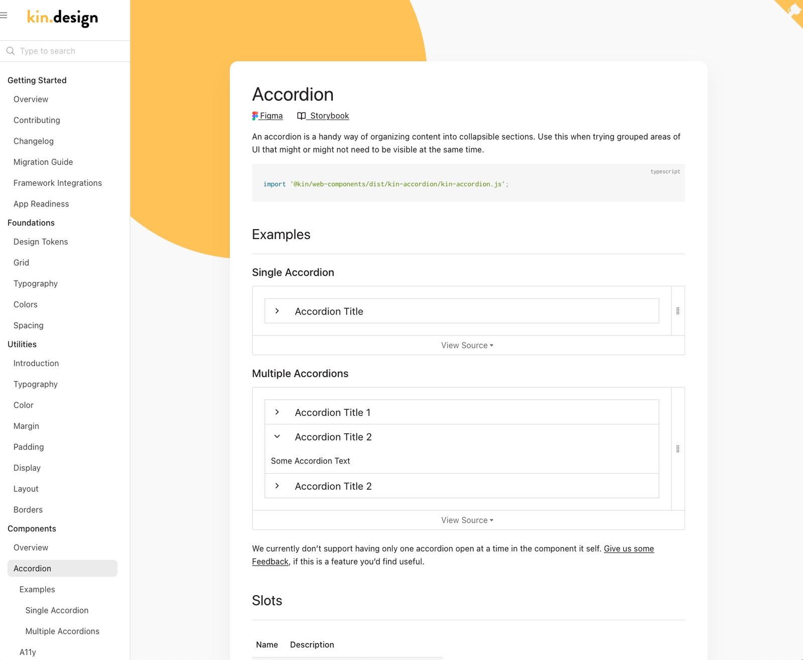 Accordion docs on kin.design with Figma and Storybook links, import snippet, and live examples