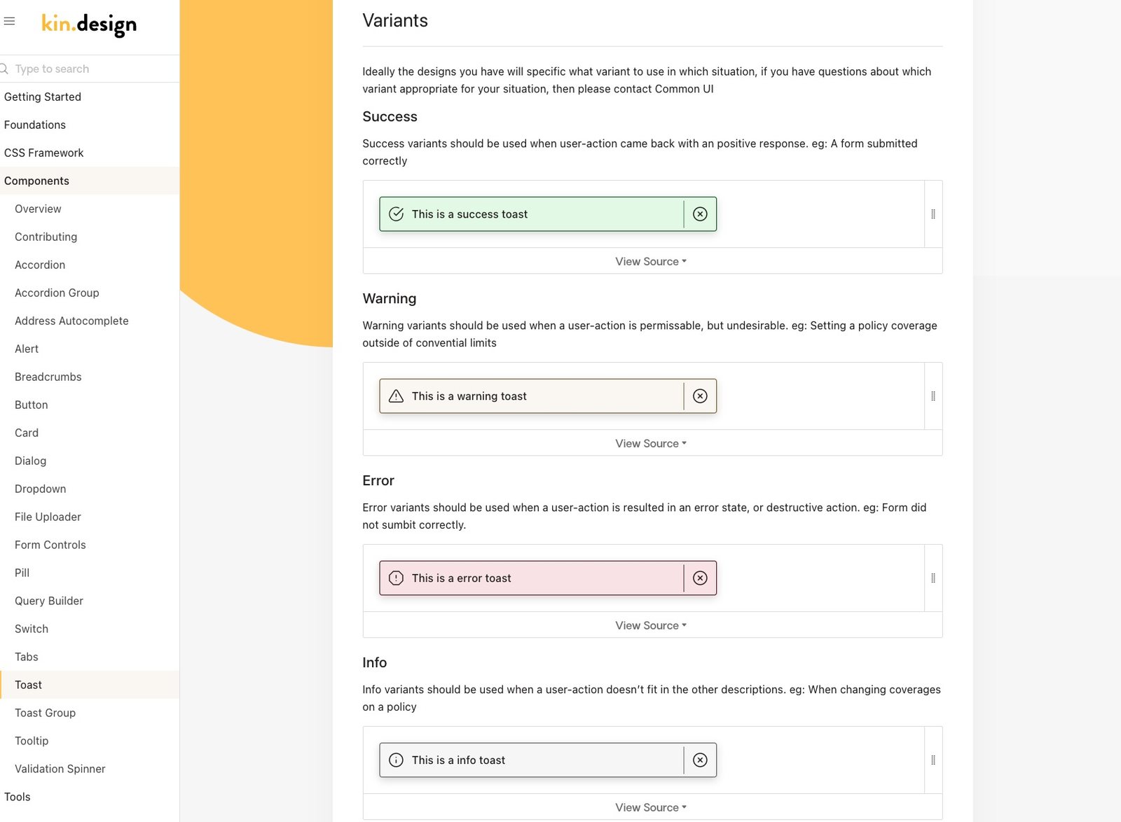 Toast docs on kin.design showing success, warning, error, and info variants