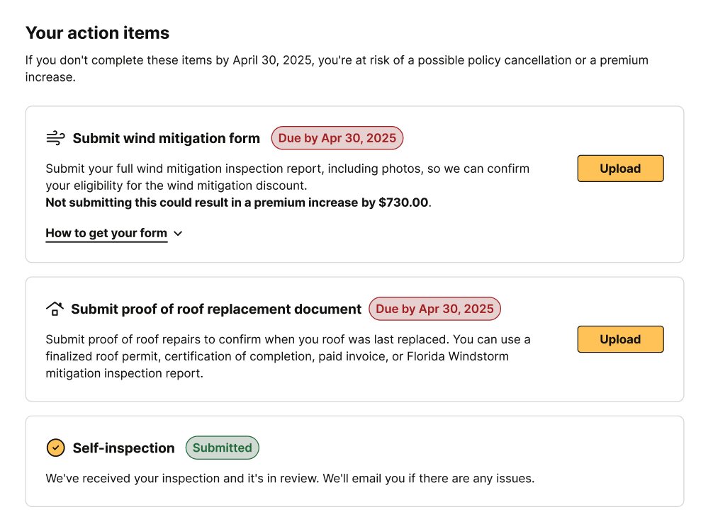 Action items with due dates for wind mitigation and roof documents