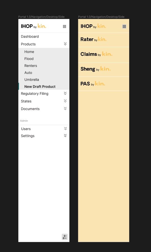 Figma navigation for IHOP next to an app switcher for Rater, Claims, Sheng, and PAS, 2023