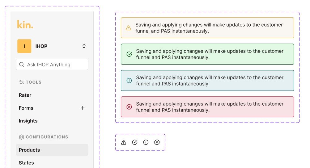 Figma design of the IHOP sidebar with alert variants, 2024