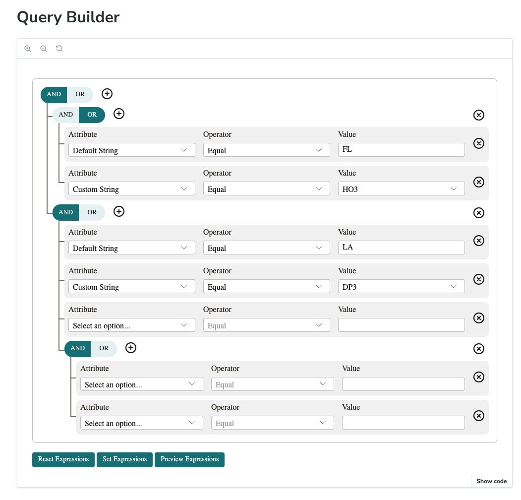 Kinetic query builder with nested AND/OR groups of attribute, operator, and value rows