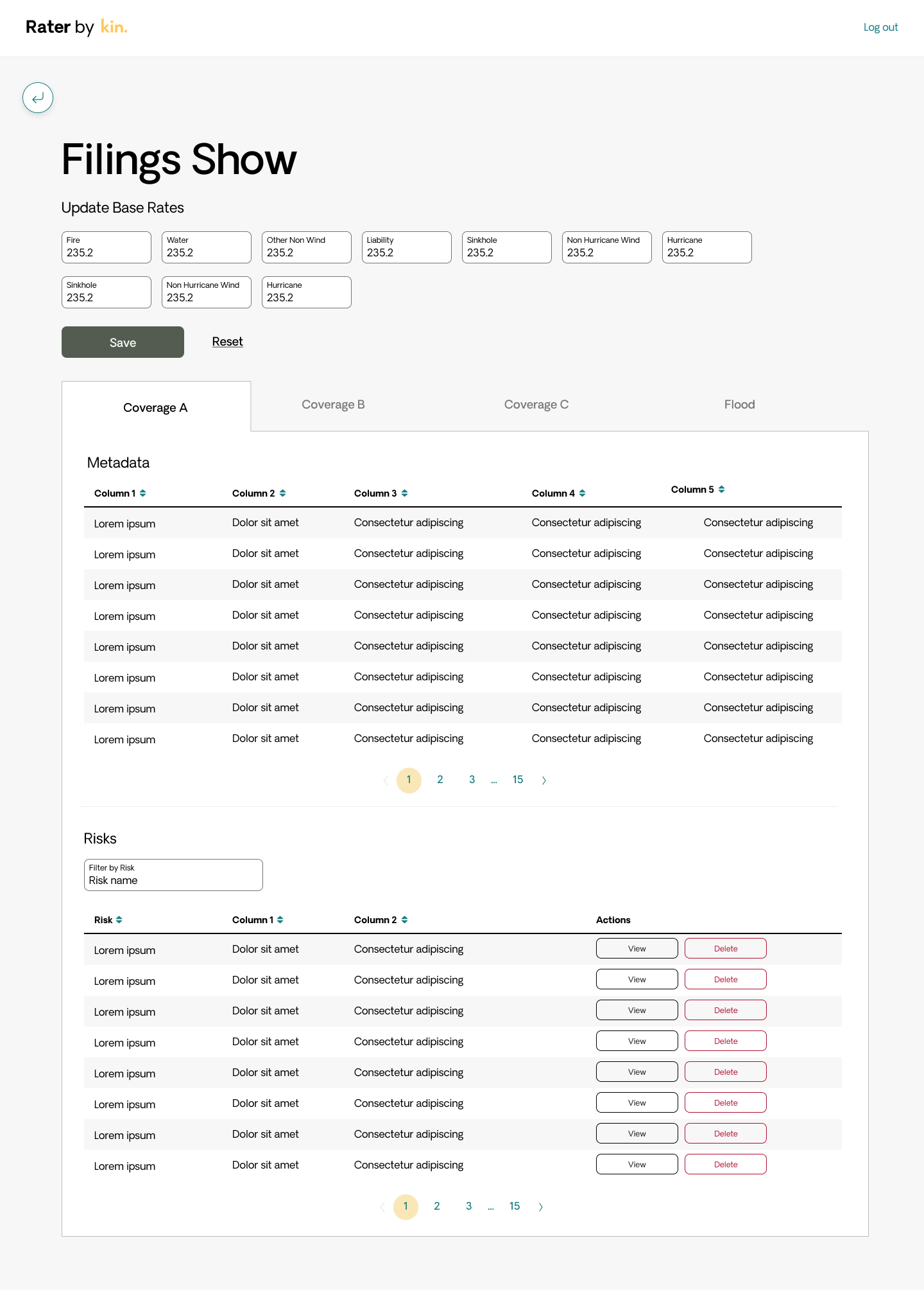 Rater filings mockup with base rate inputs, coverage tabs, and a risks table, 2022